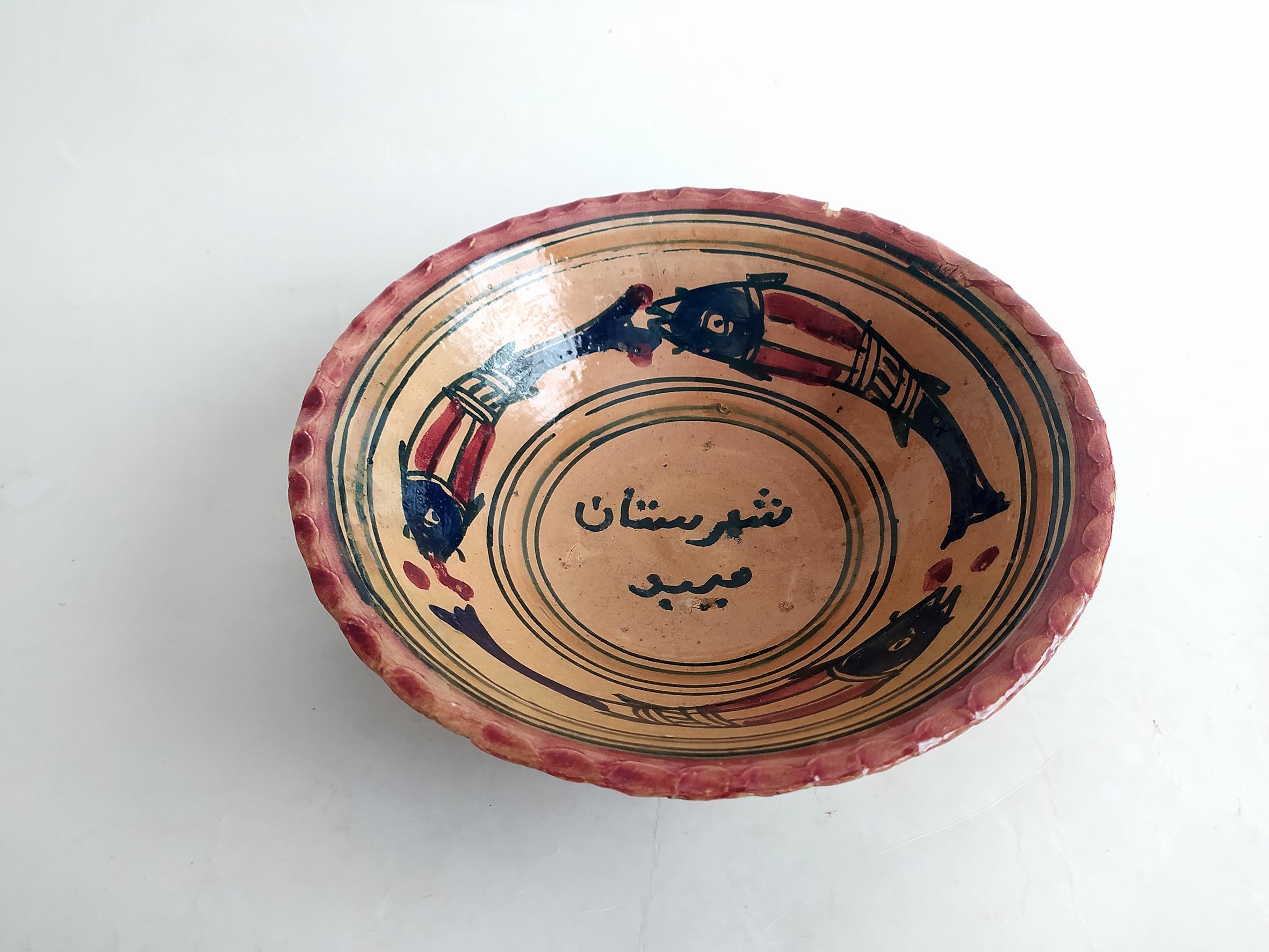  کاسه سفالی میبد کاردست نقاشی شده لعابدار 