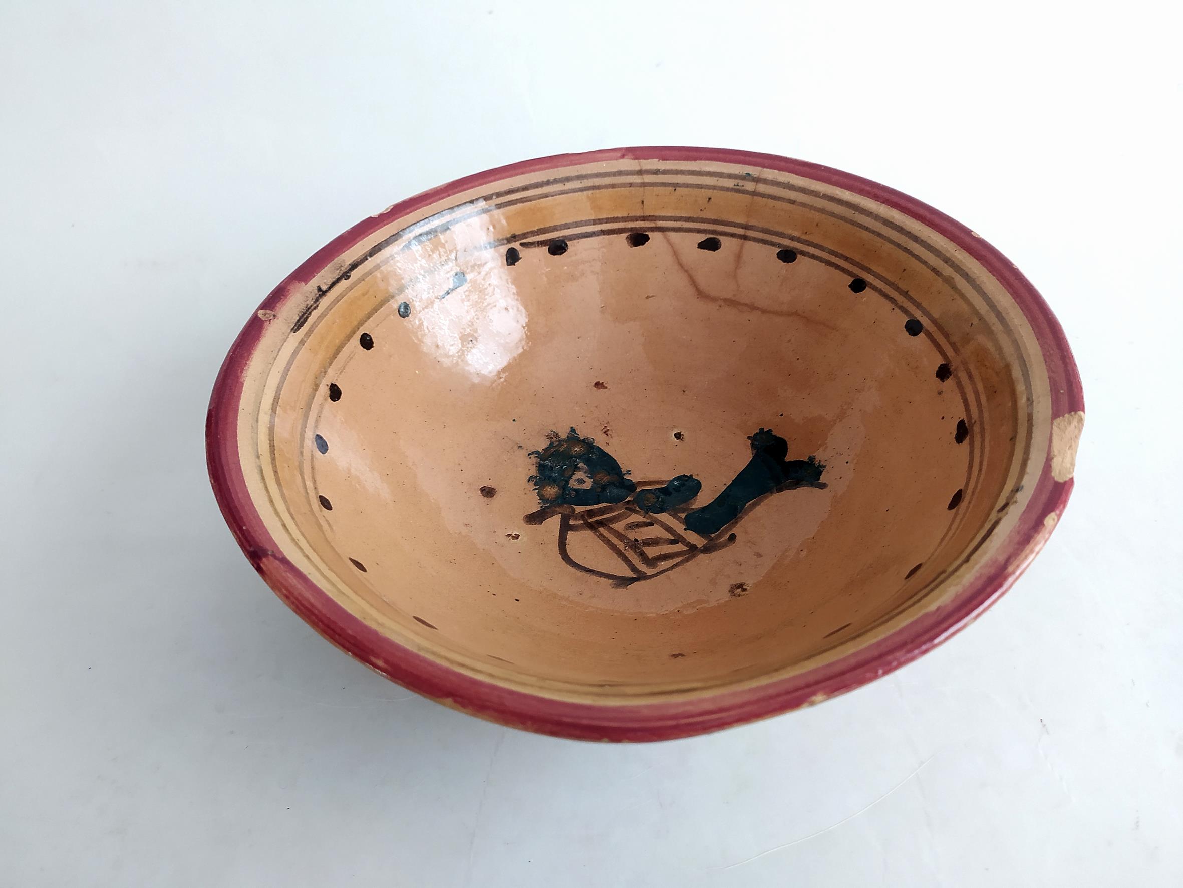 کاسه سفالی میبد کاردست نقاشی شده لعابدار 