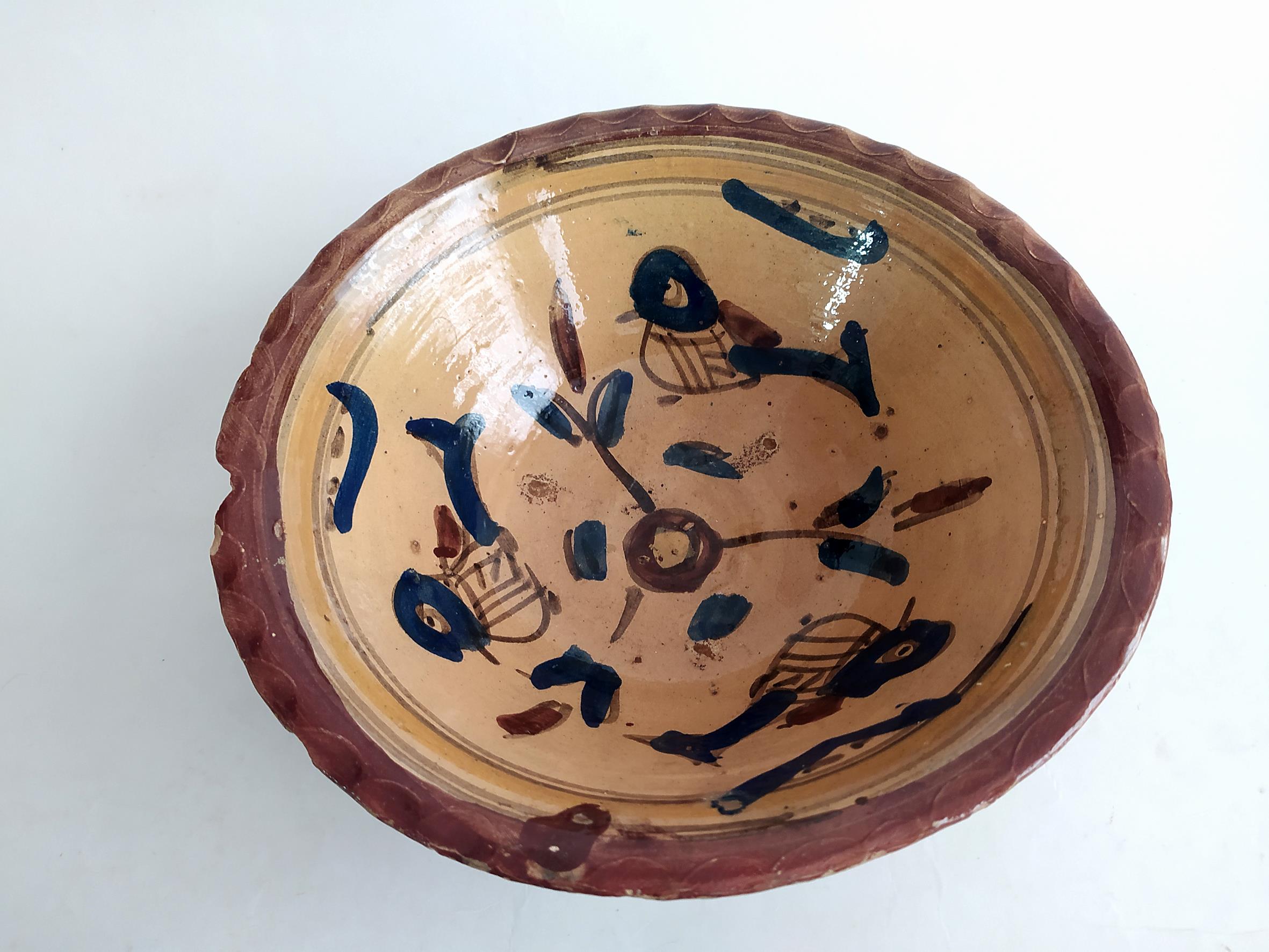  کاسه سفالی میبد کاردست نقاشی شده لعابدار