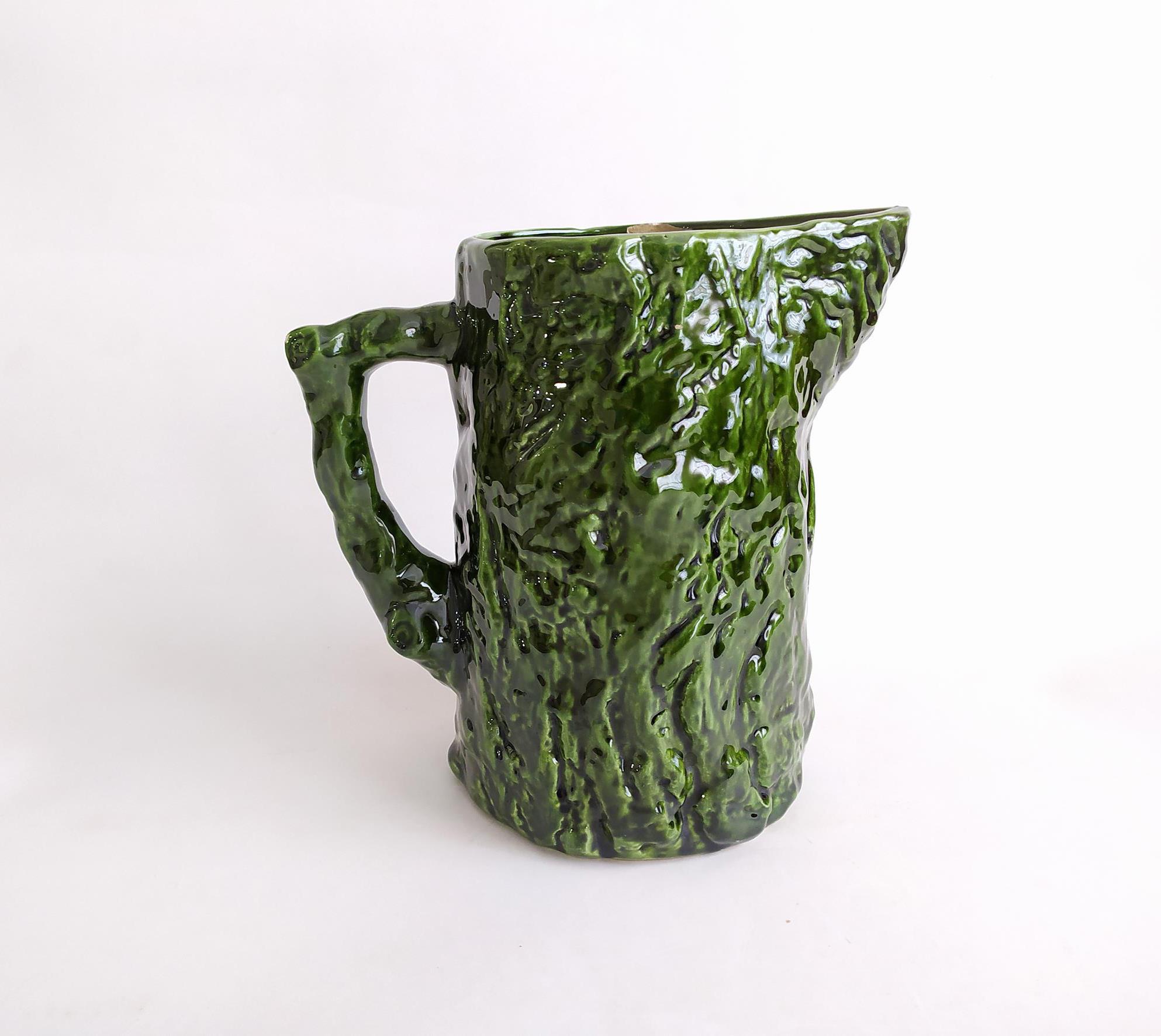 پارچ قدیمی سفال لعابی طرح تنه درخت سبز