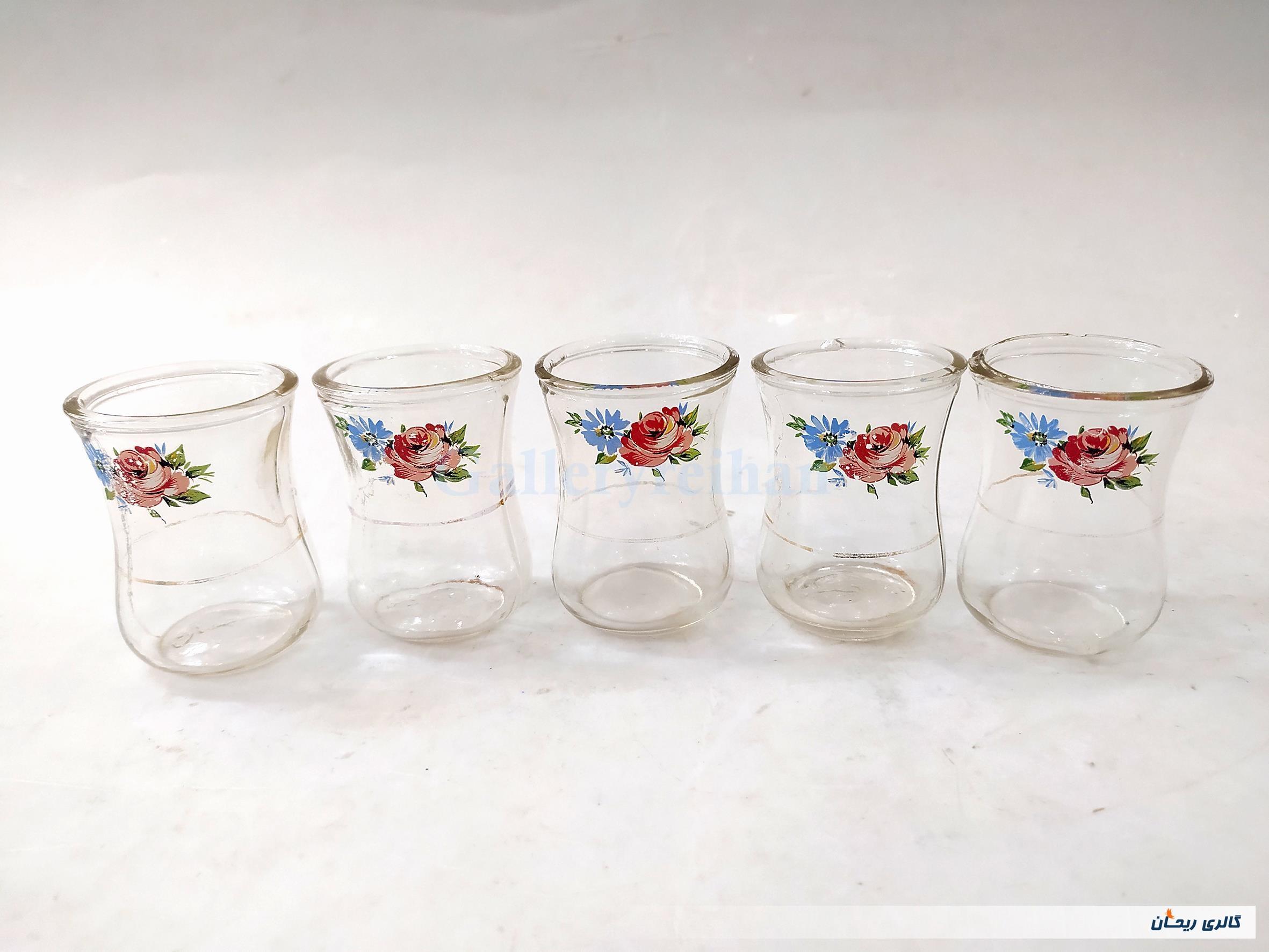 5 استکان قدیمی کمرباریک ایرانی گلدار 